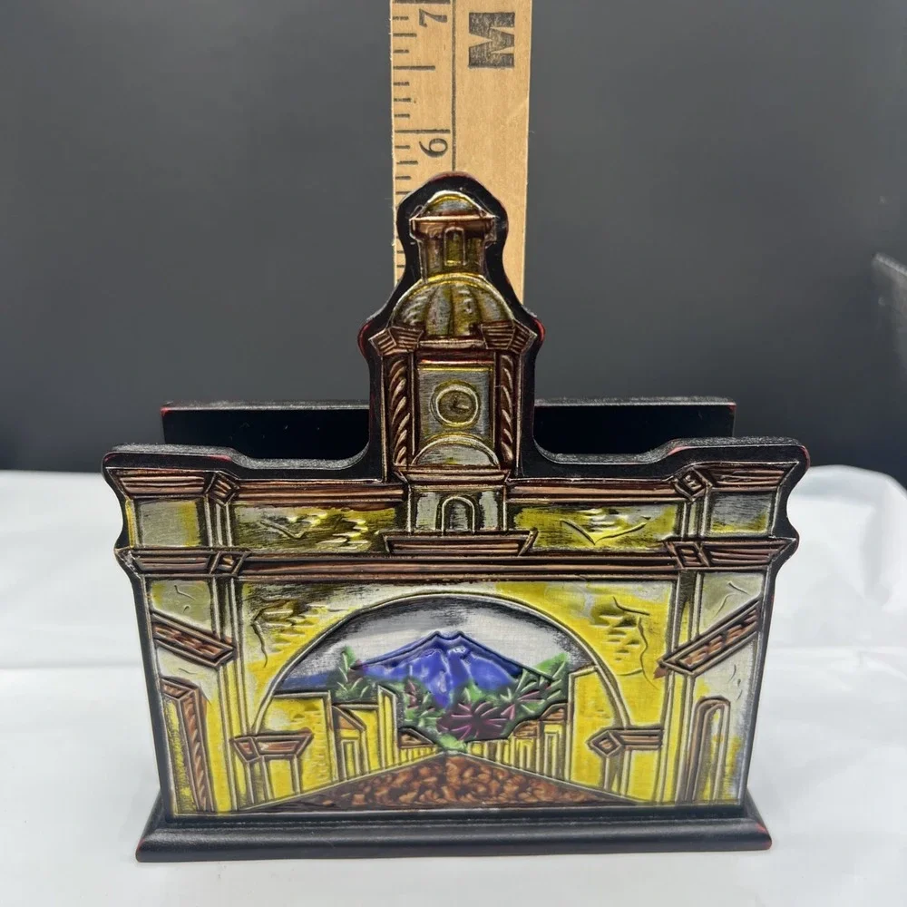 Vtg Guatemala Wood Pewter Napkin Holder Hand Woven Fabric Folk Art Antigua Arch